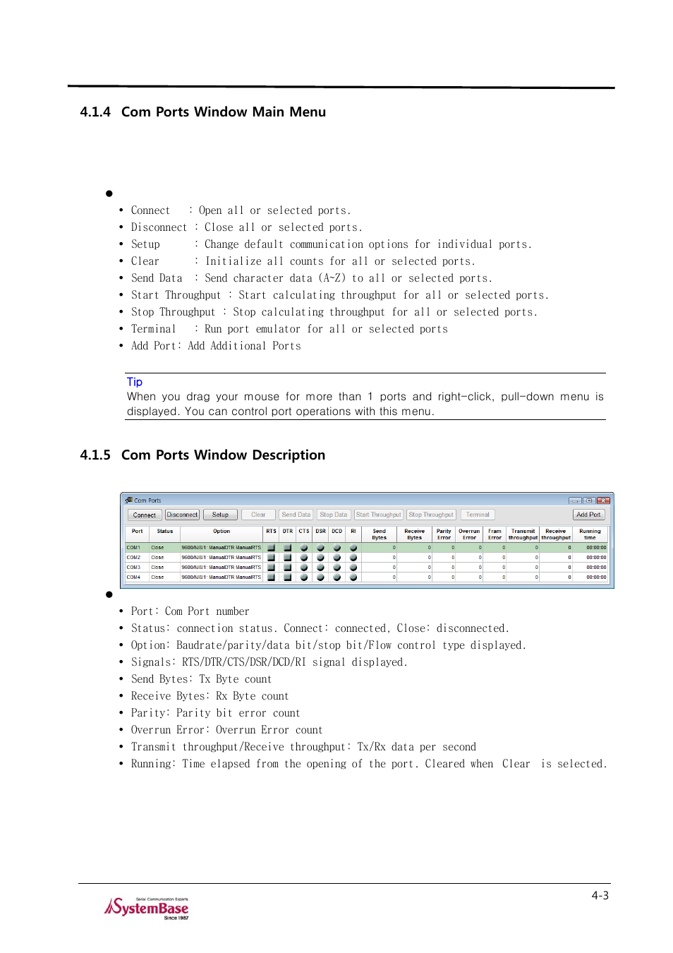4 com ports window main menu, 5 com ports window description, Com ports window main menu -3 | Com ports window description -3, Testview | Solvline TestView User Manual | Page 15 / 33
