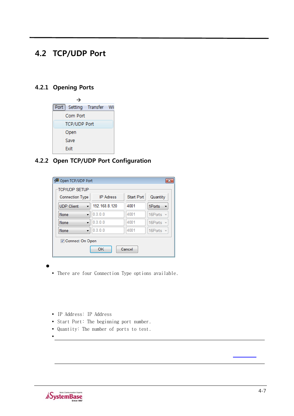 2 tcp/udp port, 1 opening ports, 2 open tcp/udp port configuration | Tcp/udp port -7, Opening ports -7, Open tcp/udp port configuration -7, Testview | Solvline TestView User Manual | Page 19 / 33