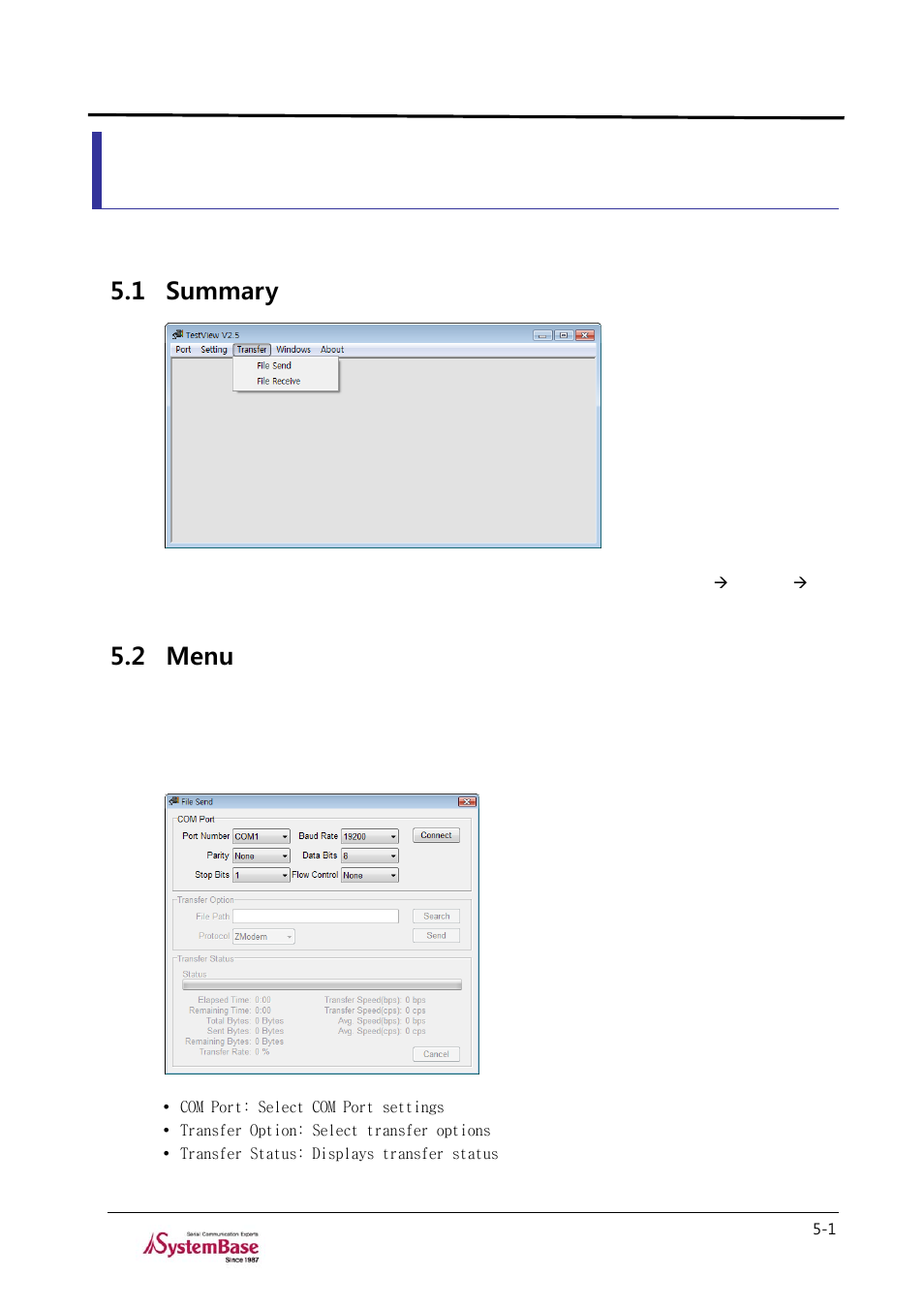 Chapter 5. file transfer menu, 1 summary, 2 menu | Chapter 5, File transfer menu -1, Summary -1, Menu -1, Testview | Solvline TestView User Manual | Page 24 / 33