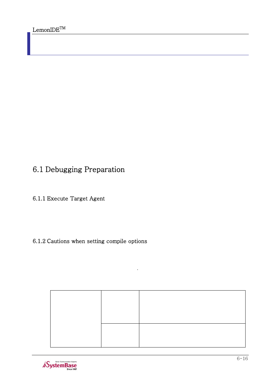 Chapter 6. lemonide debugger, 1 debugging preparation, 1 execute target agent | 2 cautions when setting compile options, Chapter 6. lemonide debugger -16, 1 debugging preparation -16 | Solvline LemonIDE Ver 1.0e User Manual | Page 40 / 56