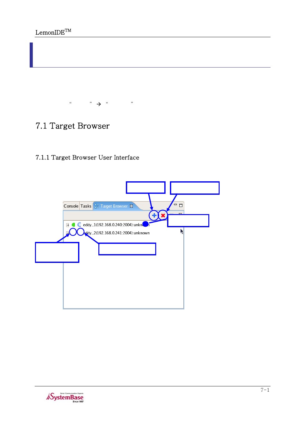 Chapter 7. monitoring tool, 1 target browser, 1 target browser user interface | Chapter 7. monitoring tool -1, 1 target browser -1, 1 target browser user interface -1, Explains | Solvline LemonIDE Ver 1.0e User Manual | Page 49 / 56