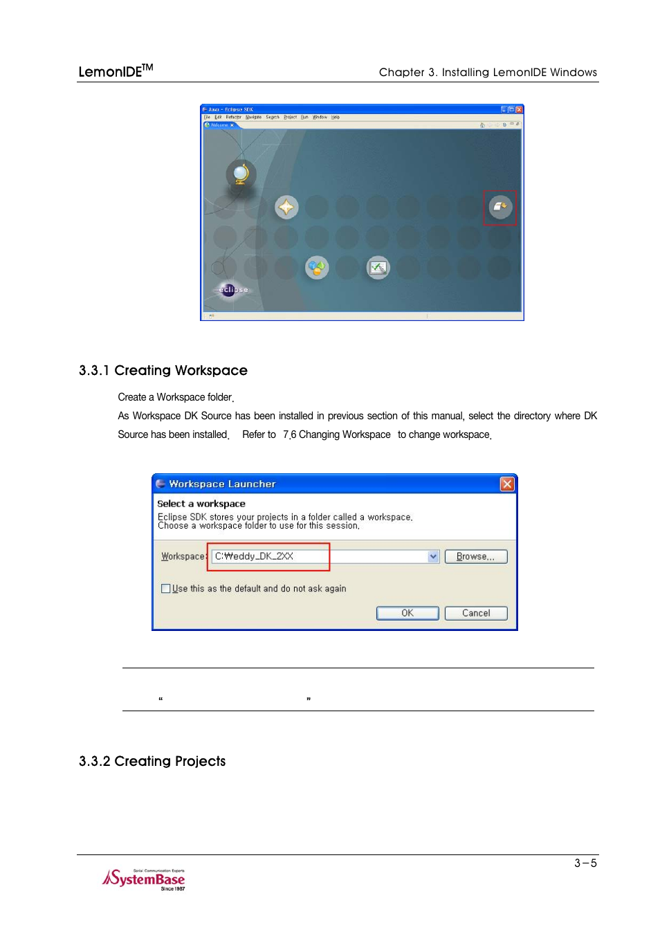1 creating workspace, 2 creating projects, 1 creating workspace -5 3.3.2 creating projects -5 | Solvline LemonIDE Ver 1.0c User Manual | Page 15 / 56