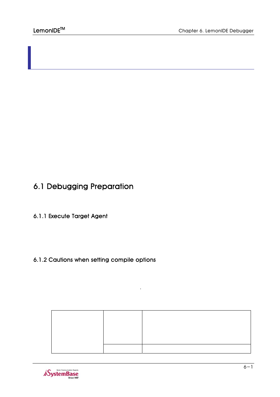 Chapter 6. lemonide debugger, 1 debugging preparation, 1 execute target agent | 2 cautions when setting compile options, Chapter 6. lemonide debugger -1, 1 debugging preparation -1 | Solvline LemonIDE Ver 1.0c User Manual | Page 40 / 56