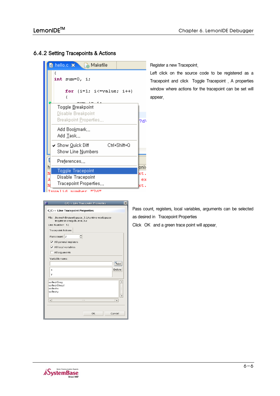 2 setting tracepoints & actions, 2 setting tracepoints & actions -6 | Solvline LemonIDE Ver 1.0c User Manual | Page 45 / 56