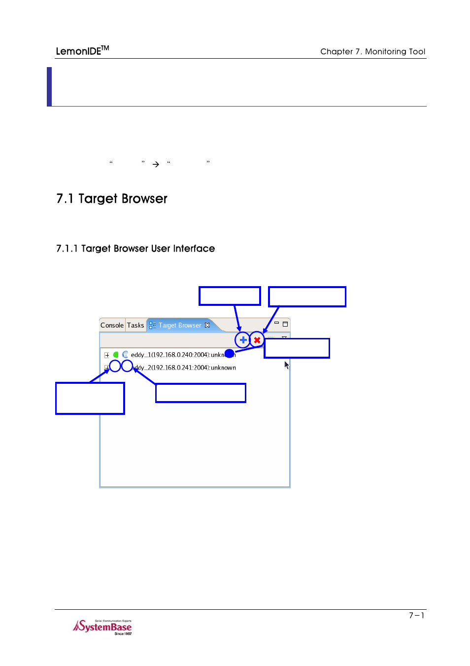 Chapter 7. monitoring tool, 1 target browser, 1 target browser user interface | Chapter 7. monitoring tool -1, 1 target browser -1, 1 target browser user interface -1, Explains | Solvline LemonIDE Ver 1.0c User Manual | Page 49 / 56