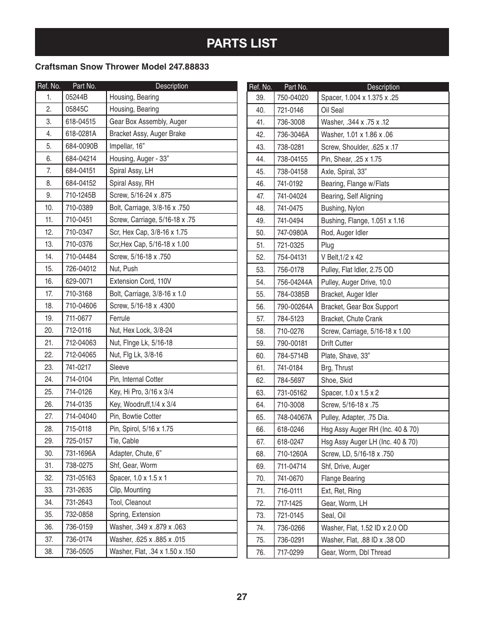 Parts list | Craftsman 247.88833 User Manual | Page 27 / 64