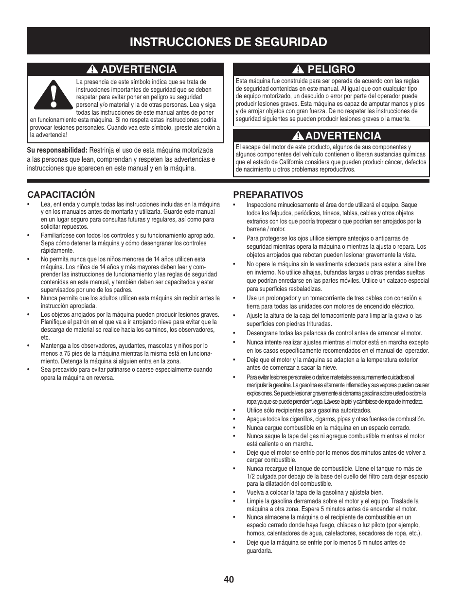 Instrucciones de seguridad, Peligro, Advertencia | Capacitación, Preparativos | Craftsman 247.88833 User Manual | Page 40 / 64