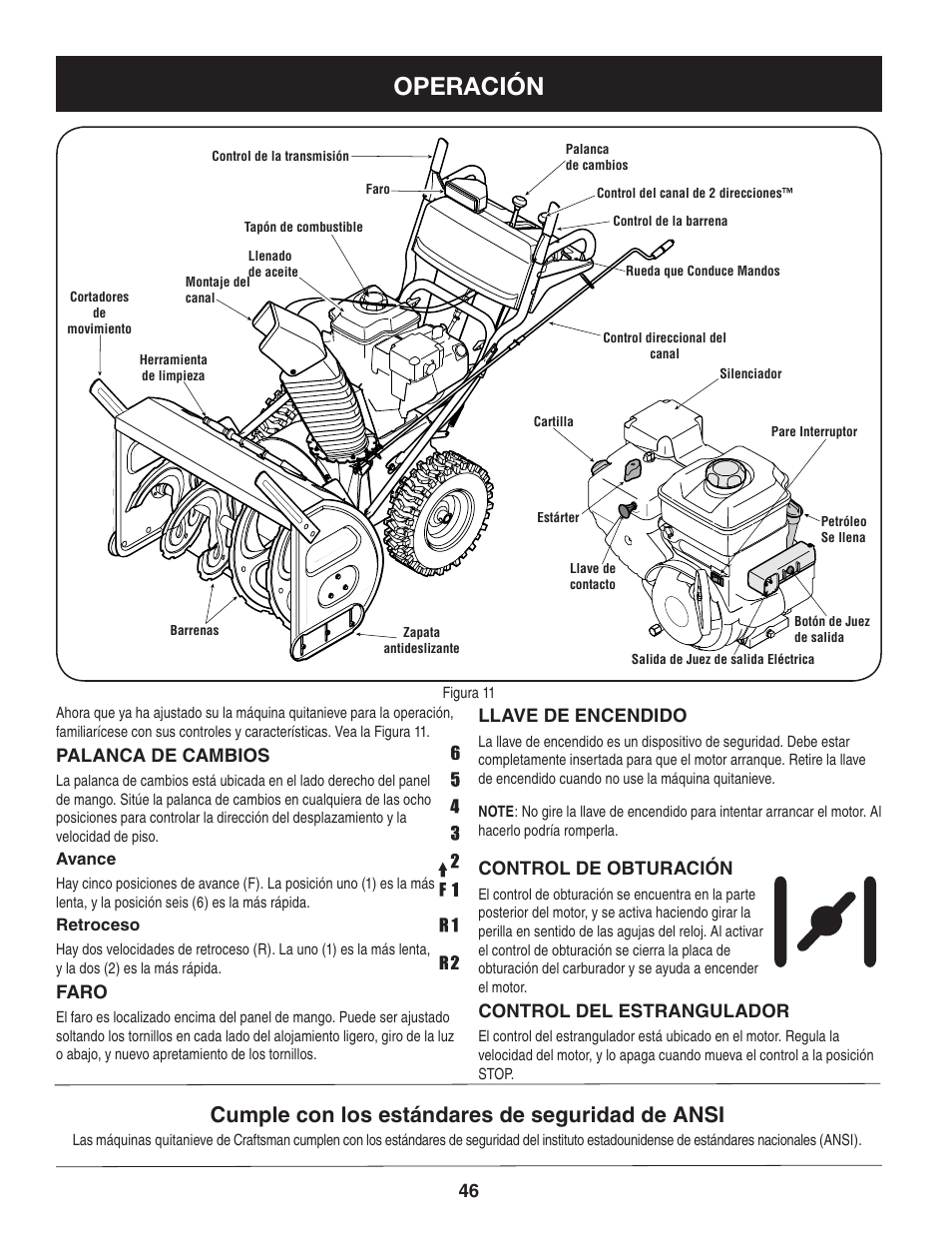 Operación, Cumple con los estándares de seguridad de ansi, Palanca de cambios | Faro, Llave de encendido, Control de obturación, Control del estrangulador | Craftsman 247.88833 User Manual | Page 46 / 64