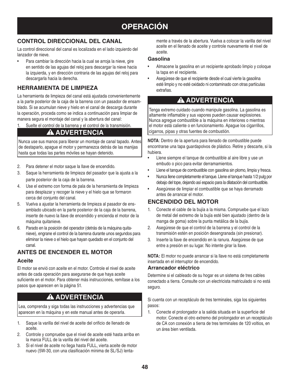 Operación, Advertencia | Craftsman 247.88833 User Manual | Page 48 / 64