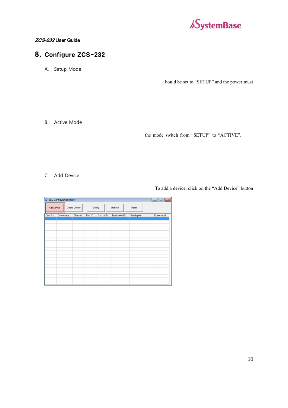 Configure zcs-232, A. setup mode, B. active mode | C. add device | Solvline ZCS-232 User Manual | Page 10 / 14