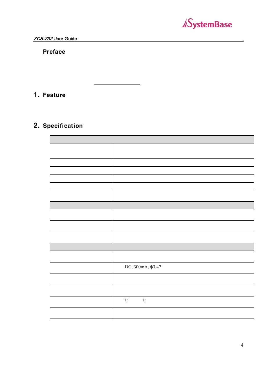 Feature, Specification | Solvline ZCS-232 User Manual | Page 4 / 14