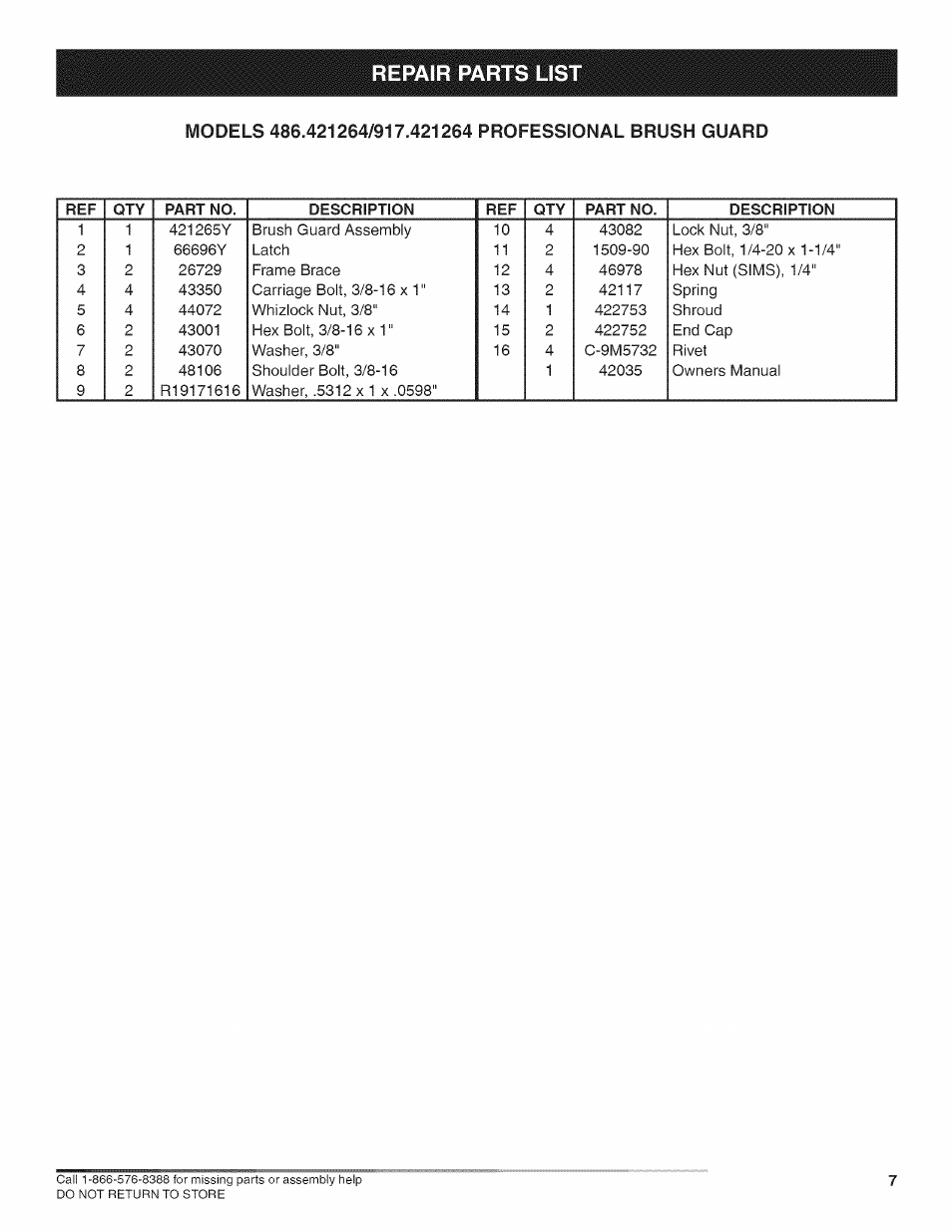 Irepair parts lis | Craftsman 486.421264 User Manual | Page 7 / 8