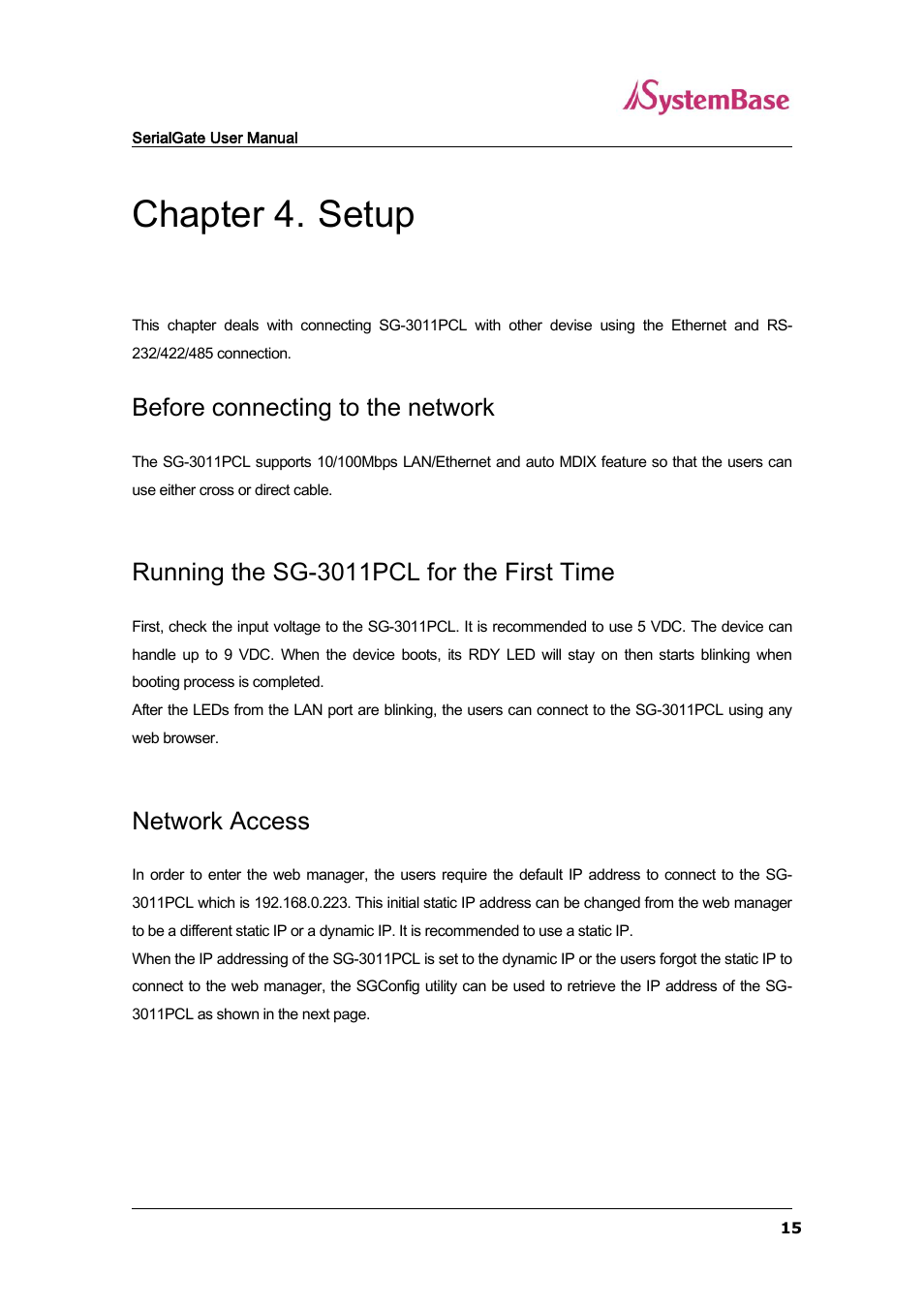 Chapter 4, Setup, Before connecting to the network | Running the sg-3011pcl for the first time, Network access, Chapter 4. setup | Solvline SG-3011PCL User Manual | Page 15 / 40