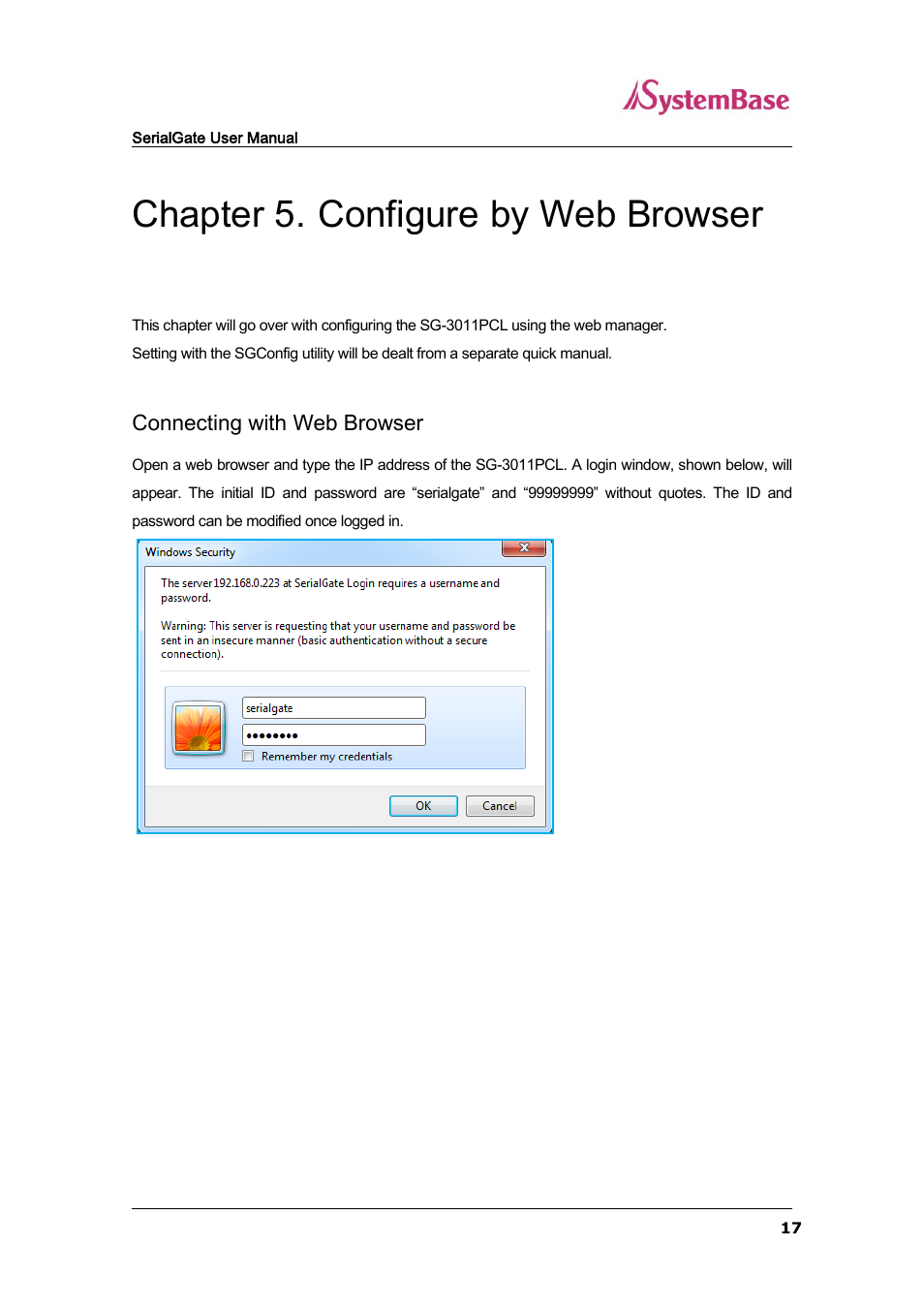 Chapter 5, Configure by web browser, Connecting with web browser | Chapter 5. configure by web browser | Solvline SG-3011PCL User Manual | Page 17 / 40