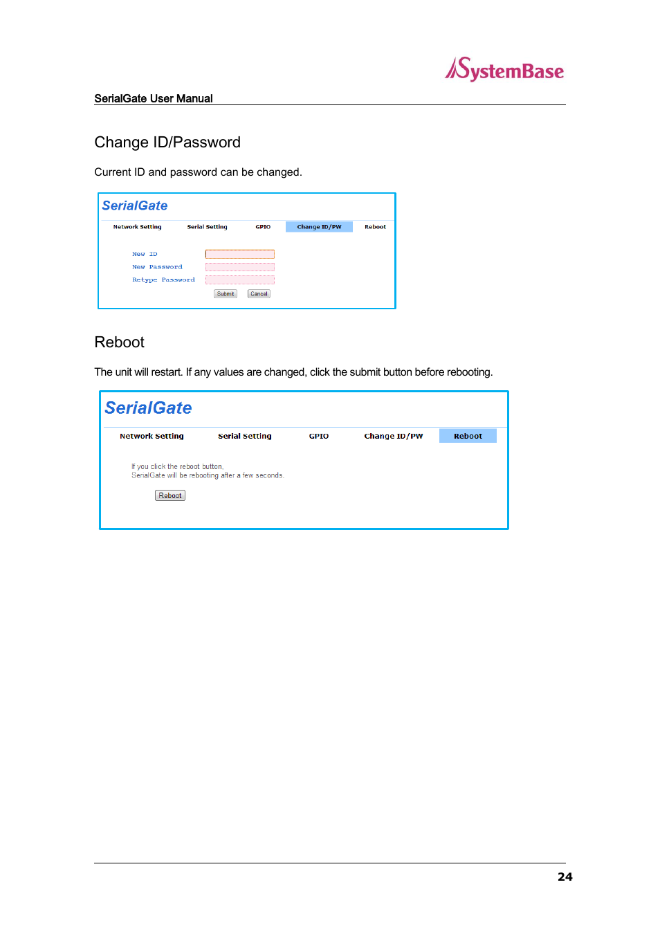 Change id/password, Reboot | Solvline SG-3011PCL User Manual | Page 24 / 40