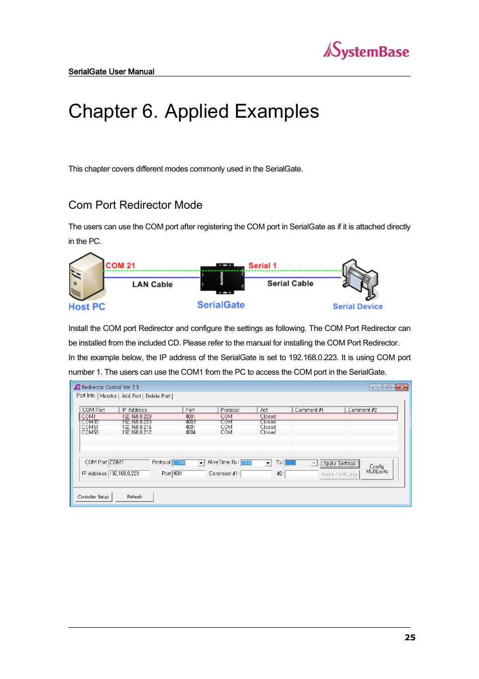 Chapter 6, Applied examples, Com port redirector mode | Chapter 6. applied examples | Solvline SG-3011PCL User Manual | Page 25 / 40