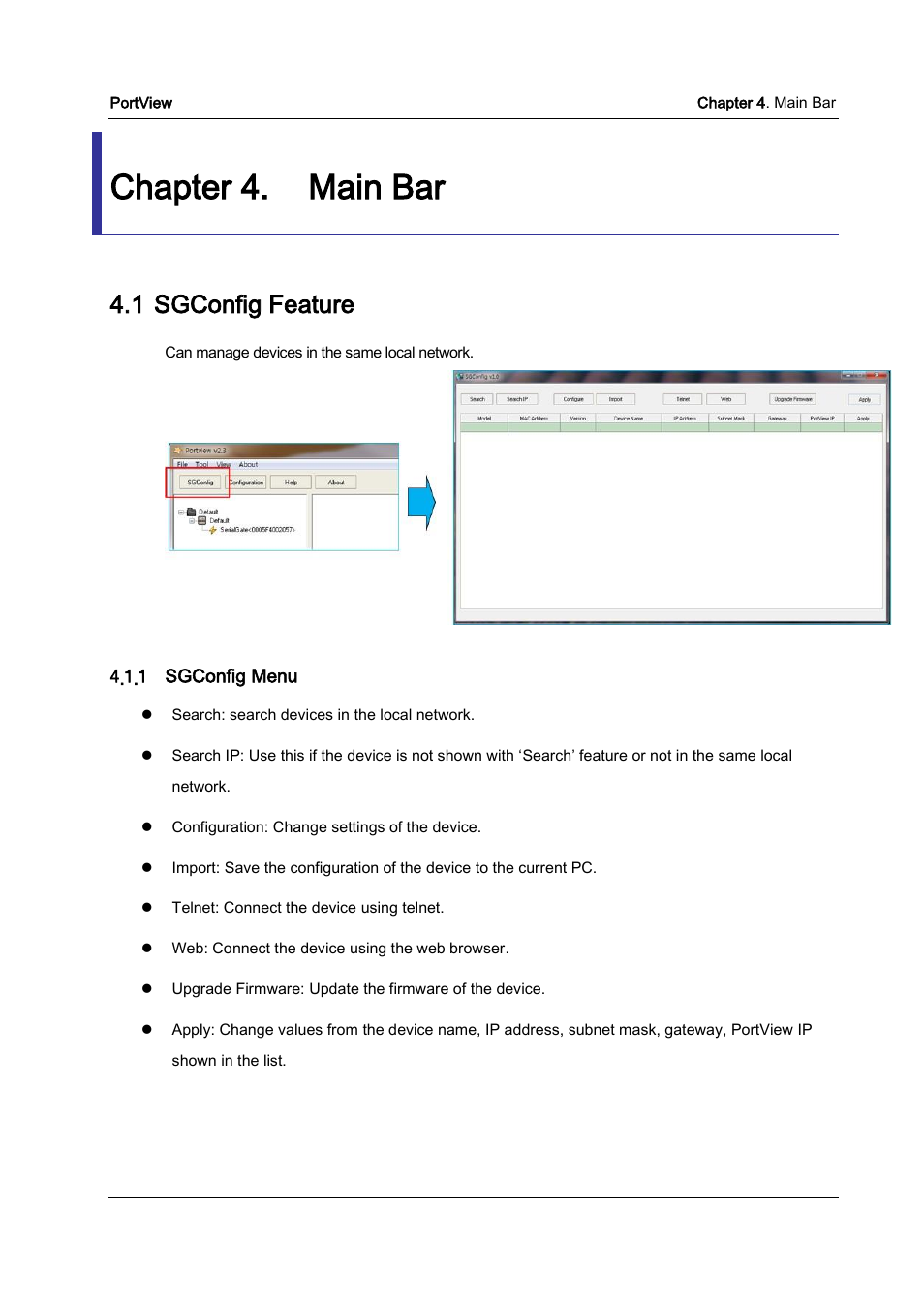 Chapter 4, Main bar, Sgconfig feature | Sgconfig menu, Chapter 4. main bar, 1 sgconfig feature | Solvline PortView Ver2.3 User Manual | Page 13 / 34