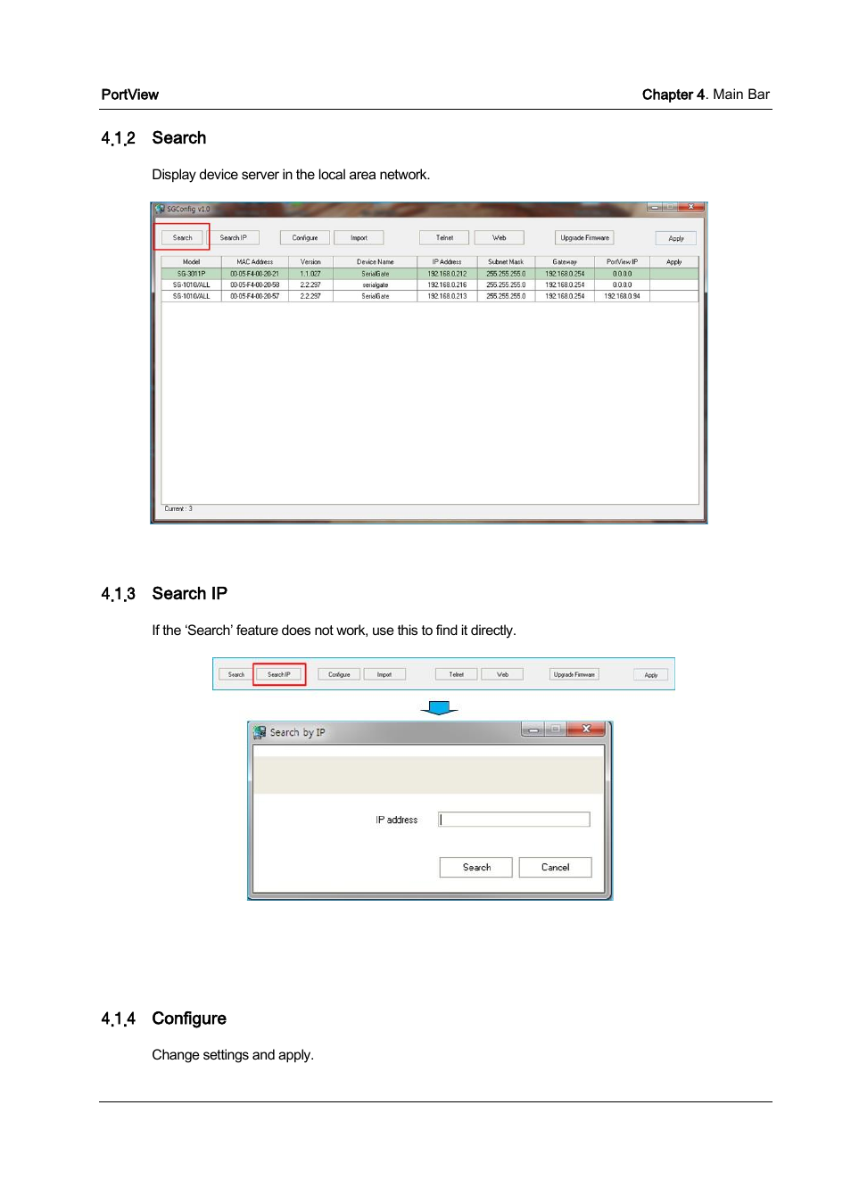 Search, Search ip, Configure | Solvline PortView Ver2.3 User Manual | Page 14 / 34