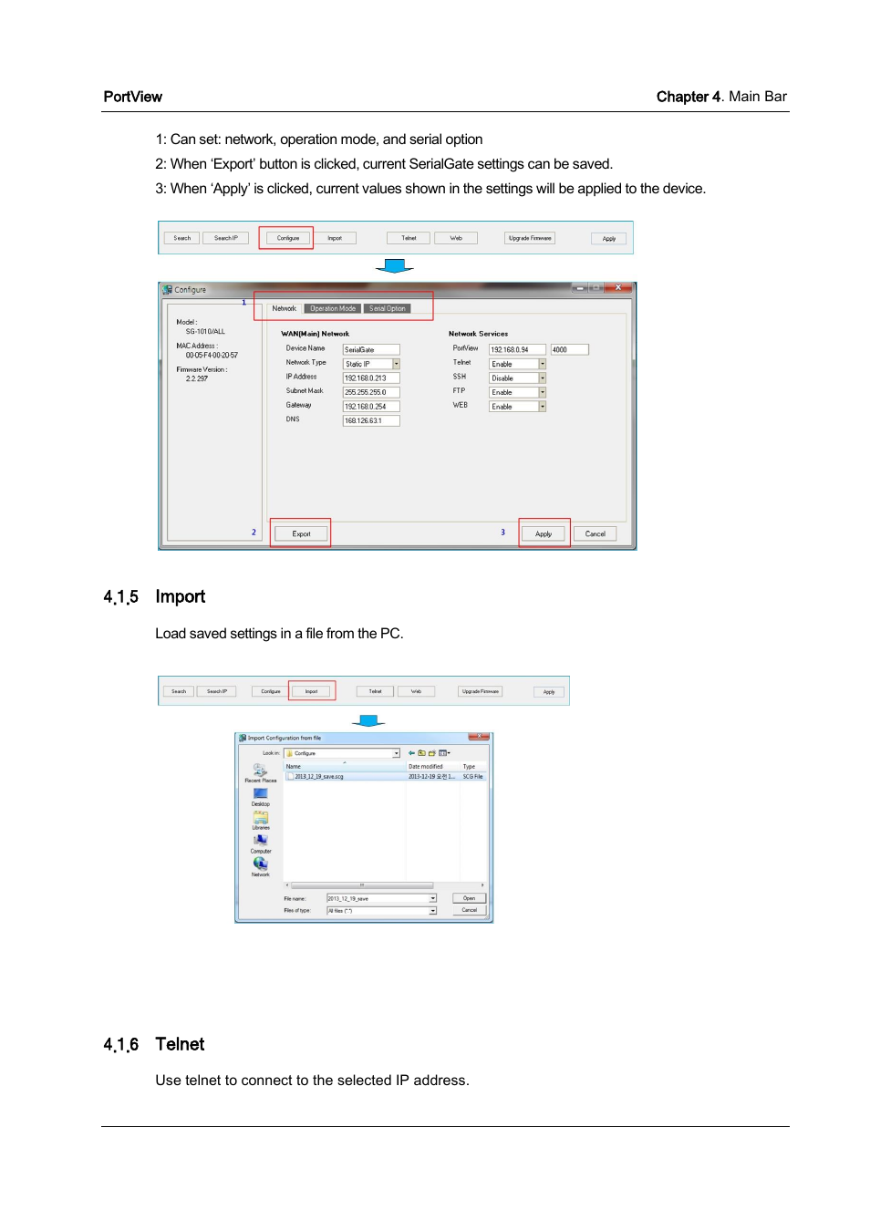 Import, Telnet | Solvline PortView Ver2.3 User Manual | Page 15 / 34