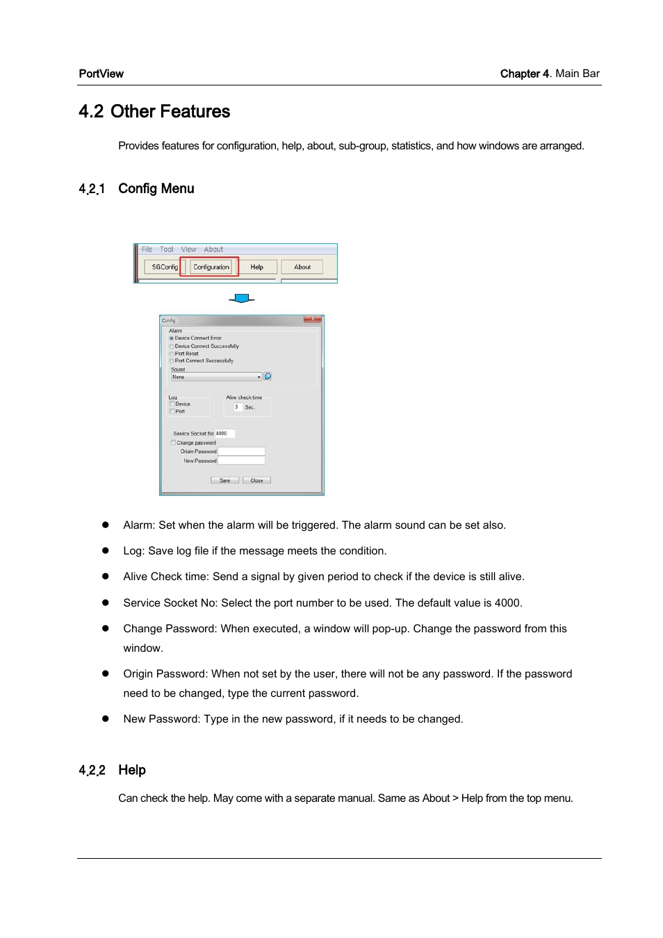 Other features, Config menu, Help | 2 other features | Solvline PortView Ver2.3 User Manual | Page 19 / 34