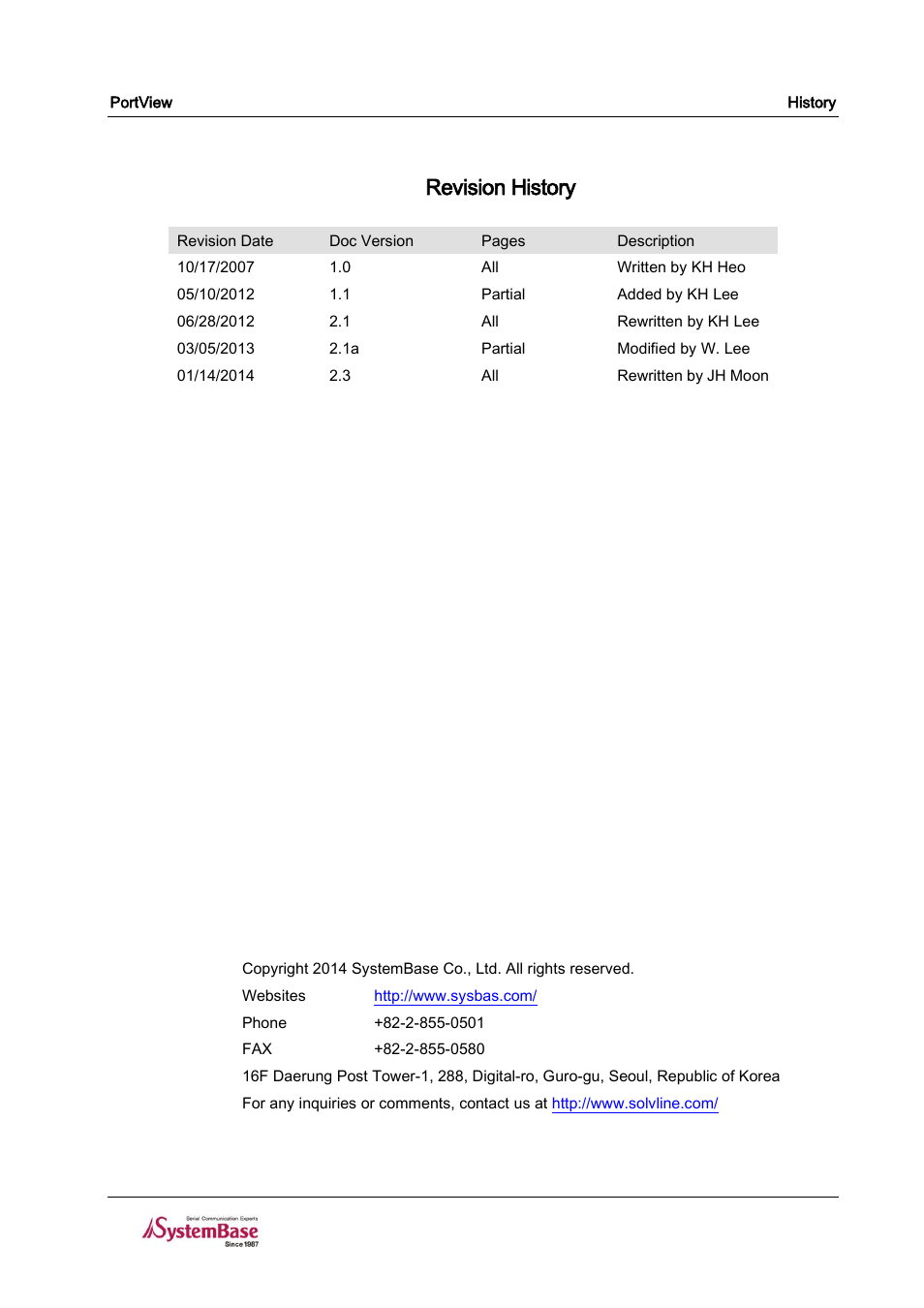 Revision history | Solvline PortView Ver2.3 User Manual | Page 2 / 34