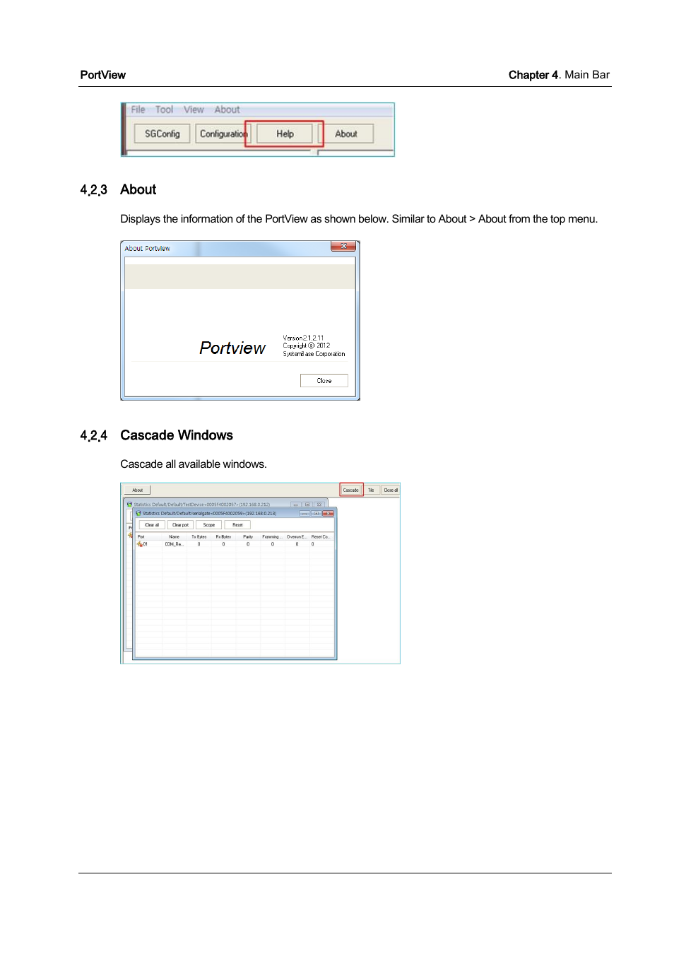 About, Cascade windows | Solvline PortView Ver2.3 User Manual | Page 20 / 34