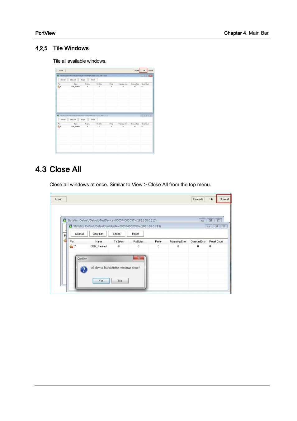 Tile windows, Close all, 3 close all | Solvline PortView Ver2.3 User Manual | Page 21 / 34