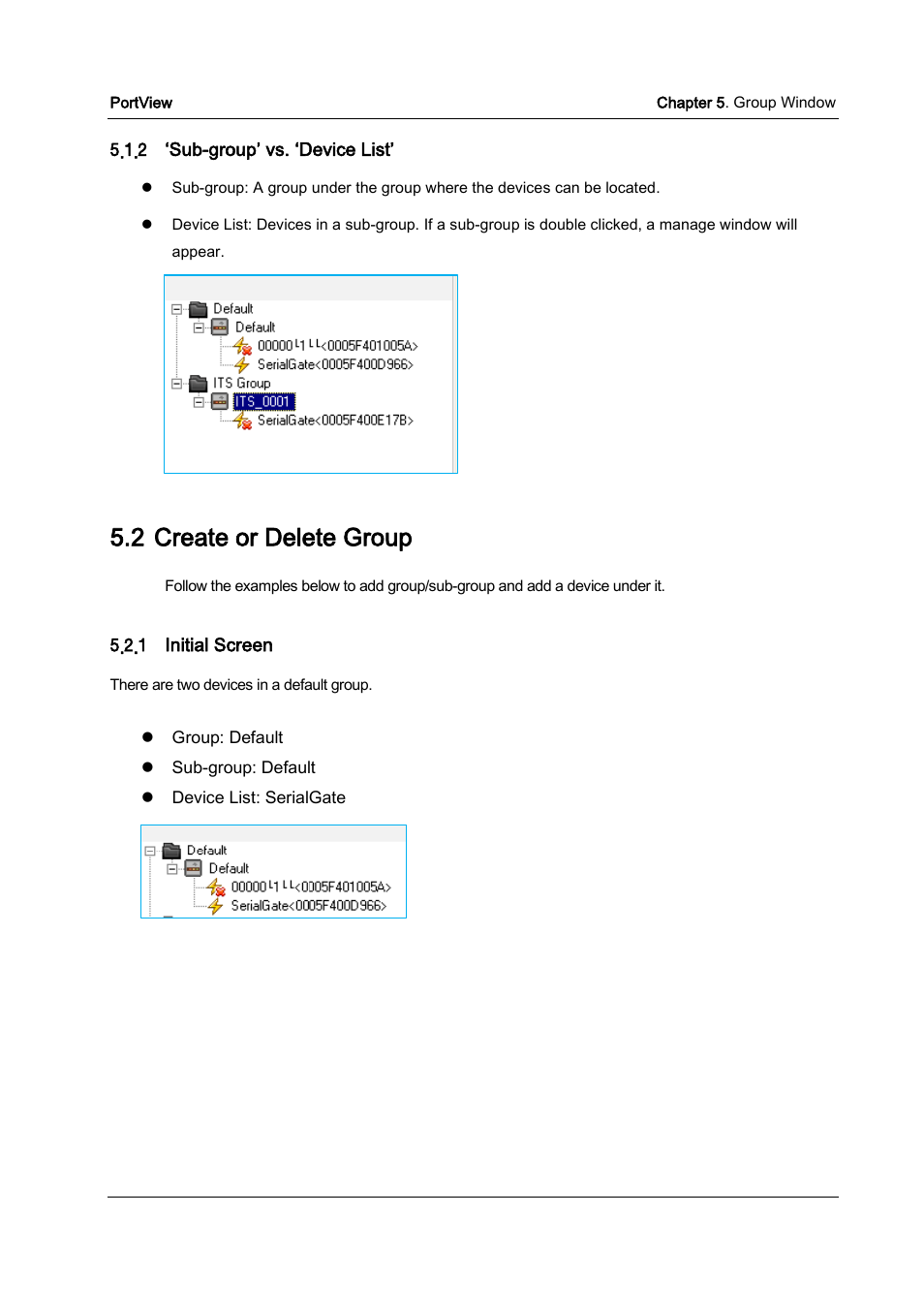 Sub-group’ vs. ‘device list, Create or delete group, Initial screen | 2 create or delete group | Solvline PortView Ver2.3 User Manual | Page 23 / 34