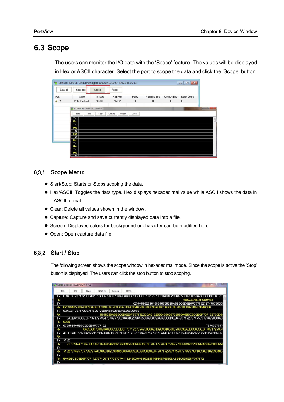 Scope, Scope menu, Start / stop | 3 scope | Solvline PortView Ver2.3 User Manual | Page 31 / 34