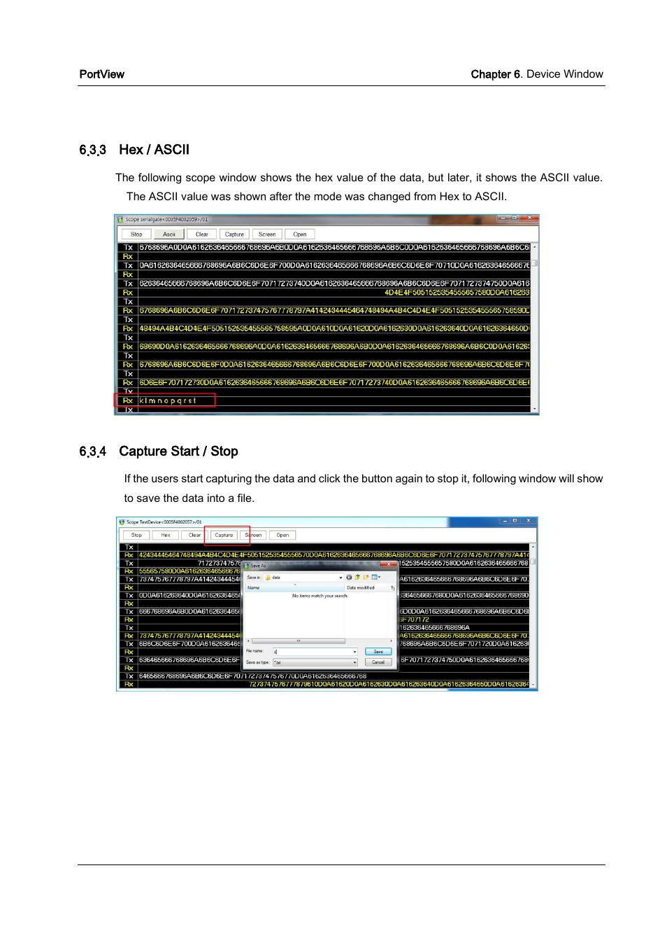 Hex / ascii, Capture start / stop | Solvline PortView Ver2.3 User Manual | Page 32 / 34