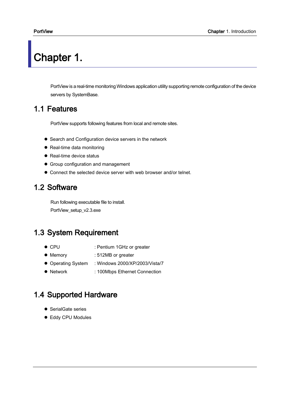 Chapter 1, Introduction, Features | Software, System requirement, Supported hardware, Chapter 1. introduction, 1 features, 2 software, 3 system requirement | Solvline PortView Ver2.3 User Manual | Page 5 / 34