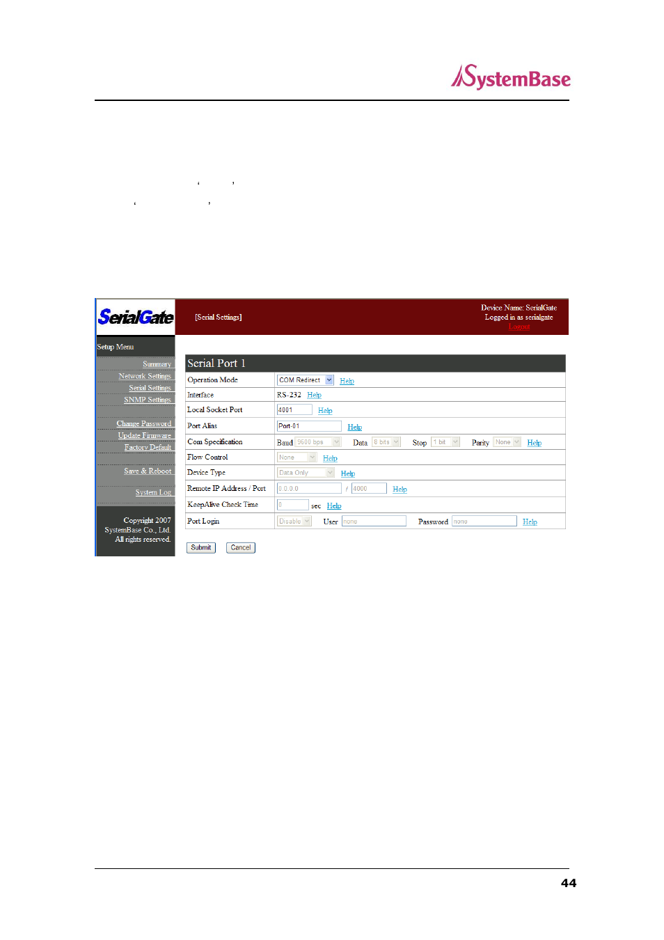 Serial settings (210mhz model only) | Solvline SerialGate User Manual | Page 44 / 110