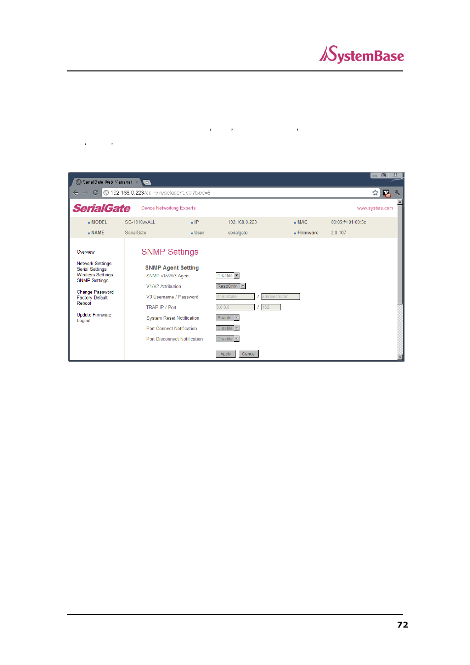 Snmp settings (400mhz model) | Solvline SerialGate User Manual | Page 72 / 110