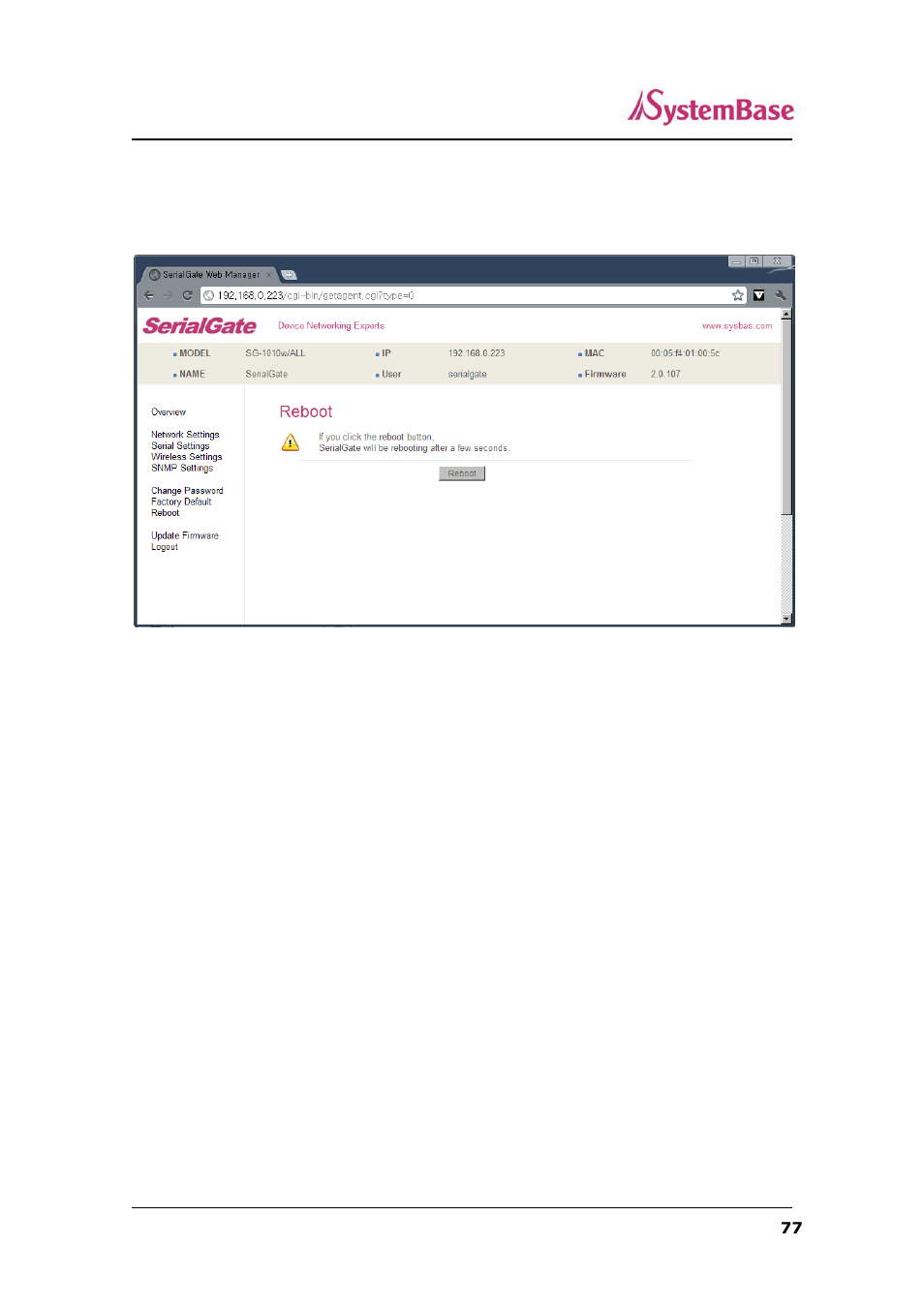 Reboot (400mhz model) | Solvline SerialGate User Manual | Page 77 / 110