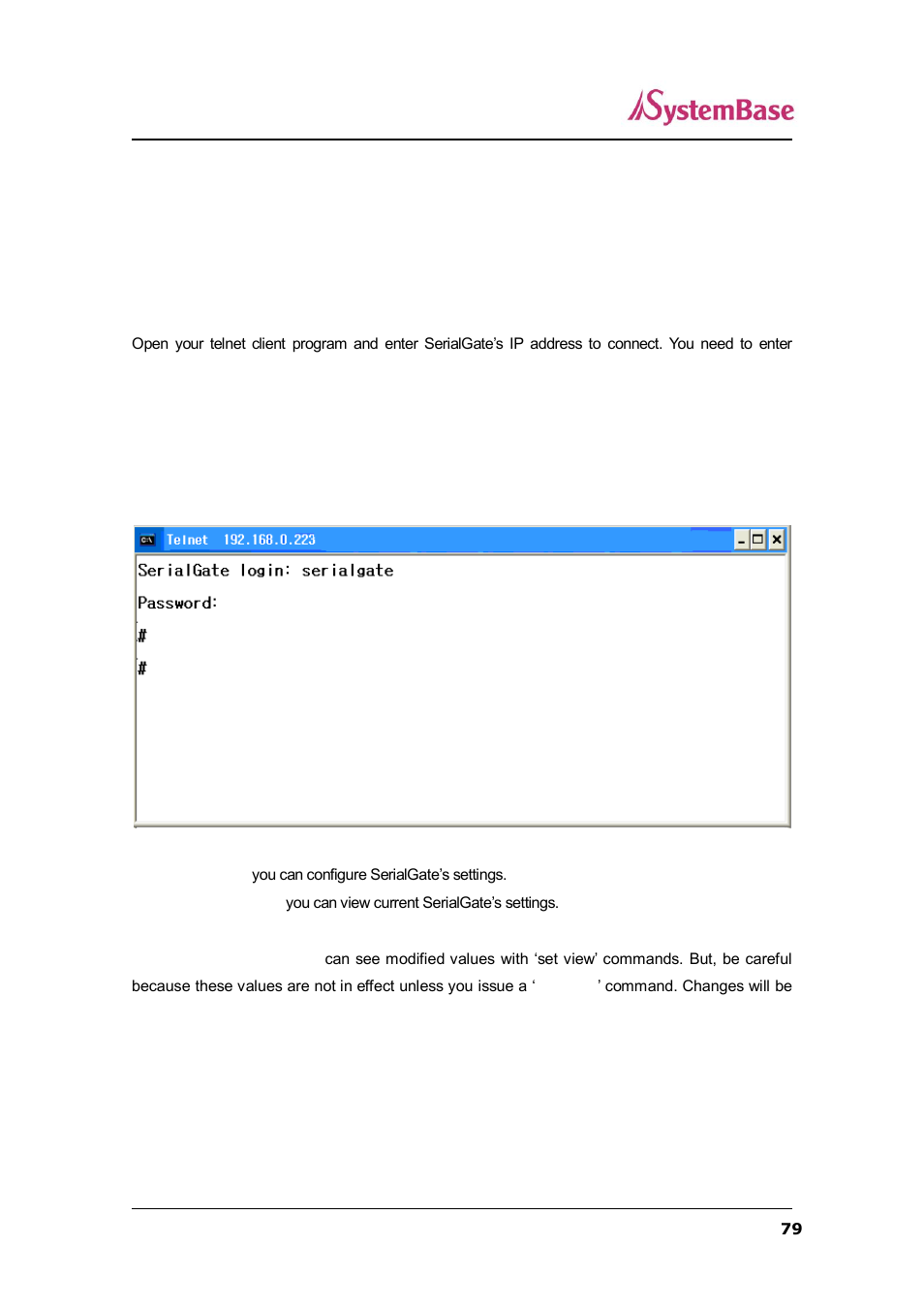 Configuration via telnet, Connection, Ch6 configuration via telnet | Solvline SerialGate User Manual | Page 79 / 110