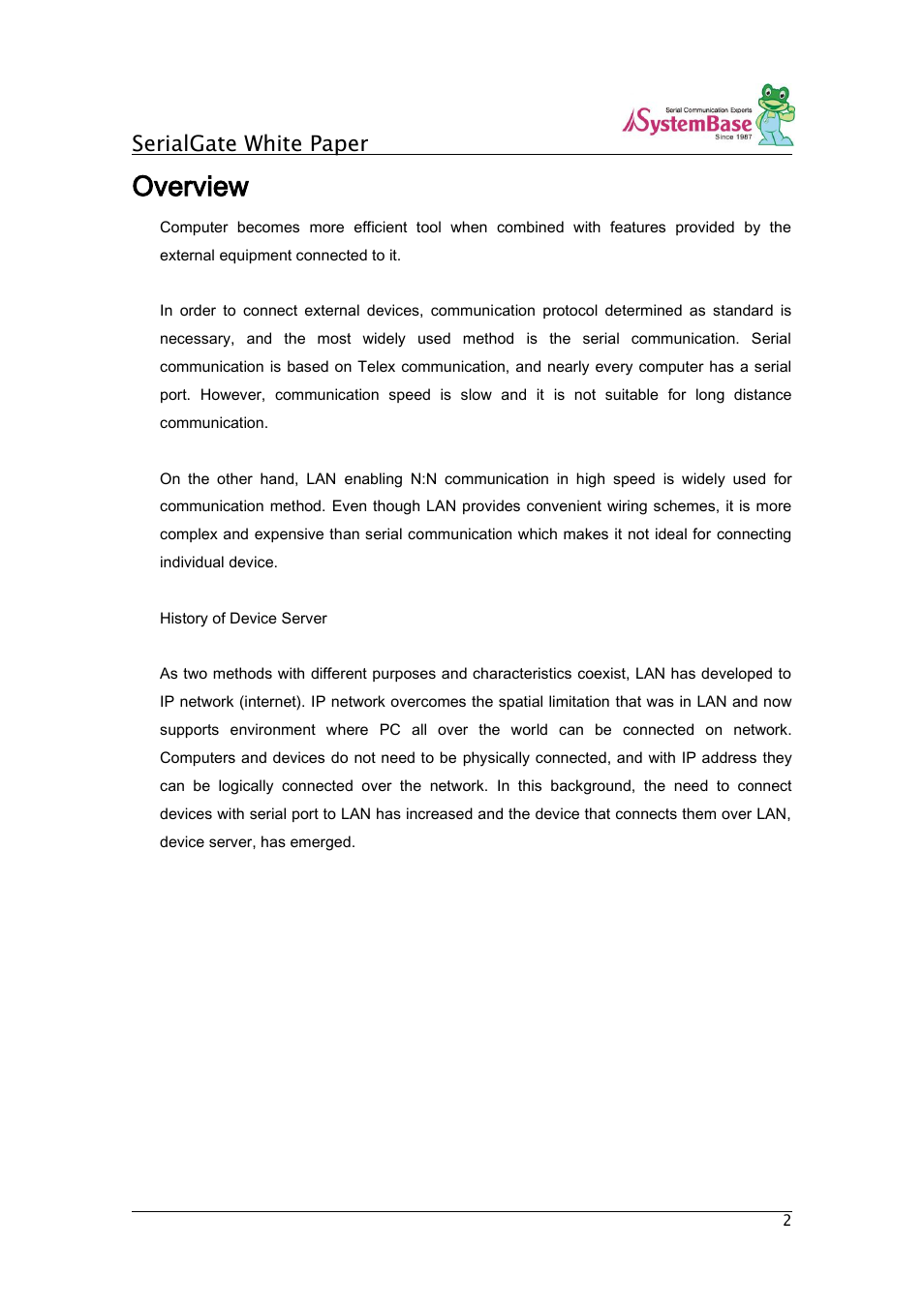 Overview, Serialgate white paper | Solvline SerialGate White Paper User Manual | Page 2 / 9