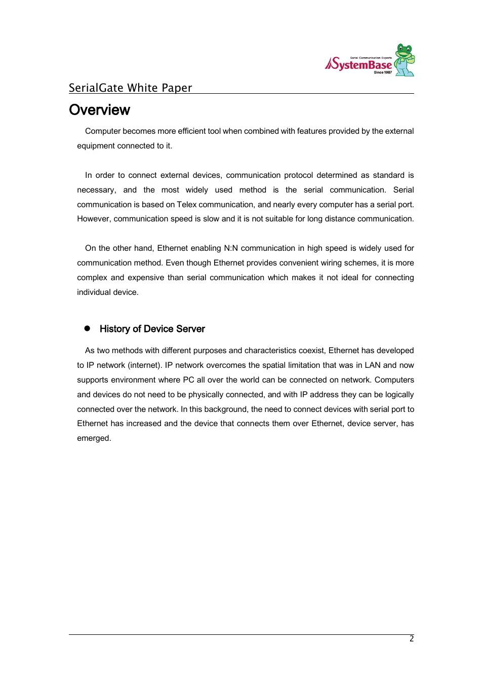 Overview, Serialgate white paper | Solvline SG Series White Paper User Manual | Page 2 / 9