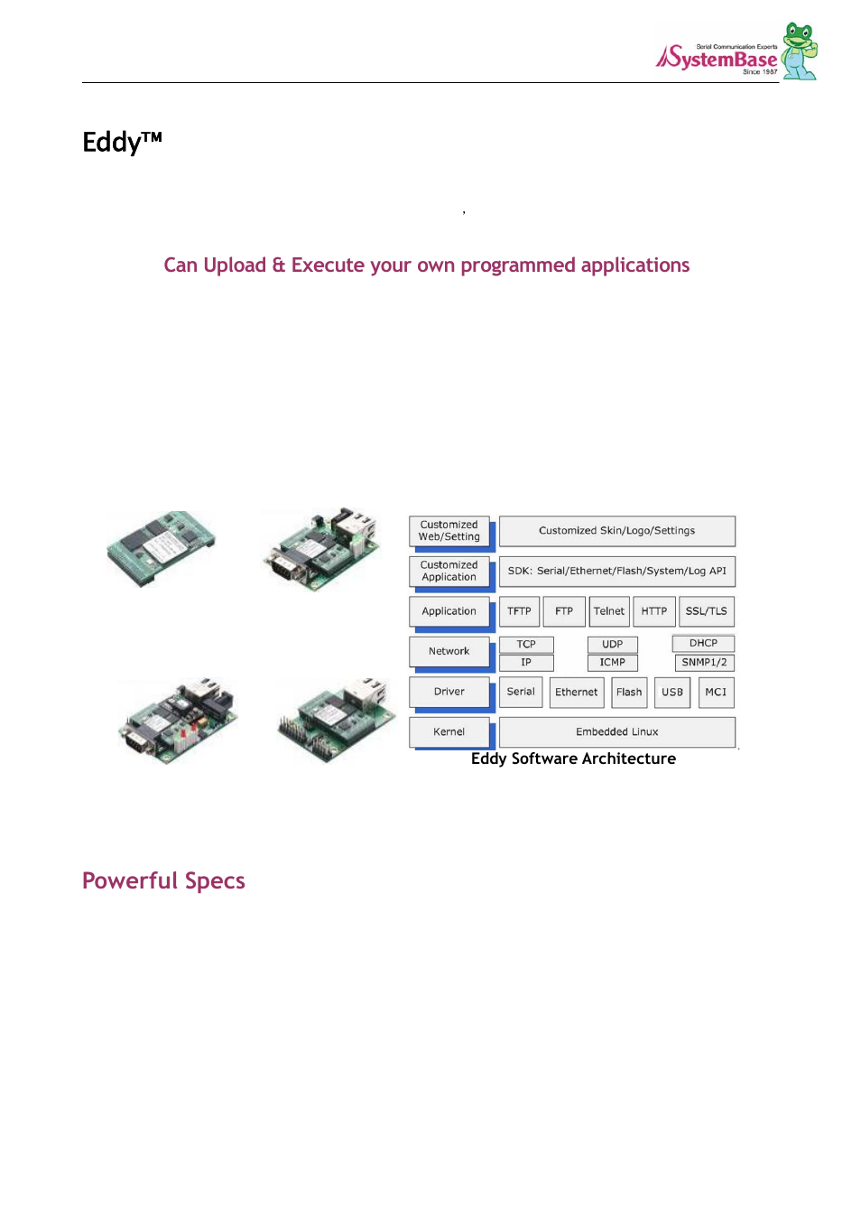 Eddy, Powerful specs, Serial to lan embedded module white paper | Solvline Serial to LAN Embedded Module White Paper User Manual | Page 4 / 11