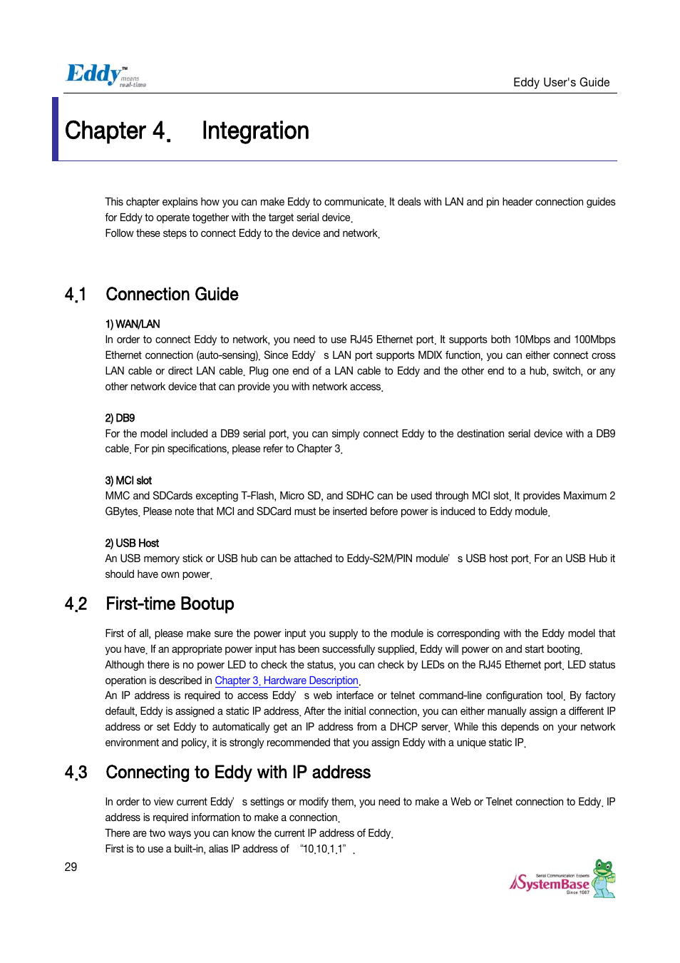 Chapter 4. integration, 1 connection guide, 2 first-time bootup | 3 connecting to eddy with ip address, Chapter 4, Integration, Connection guide, First-time bootup, Connecting to eddy with ip address | Solvline Eddy Serial v2.5.1.1 User Manual | Page 29 / 88