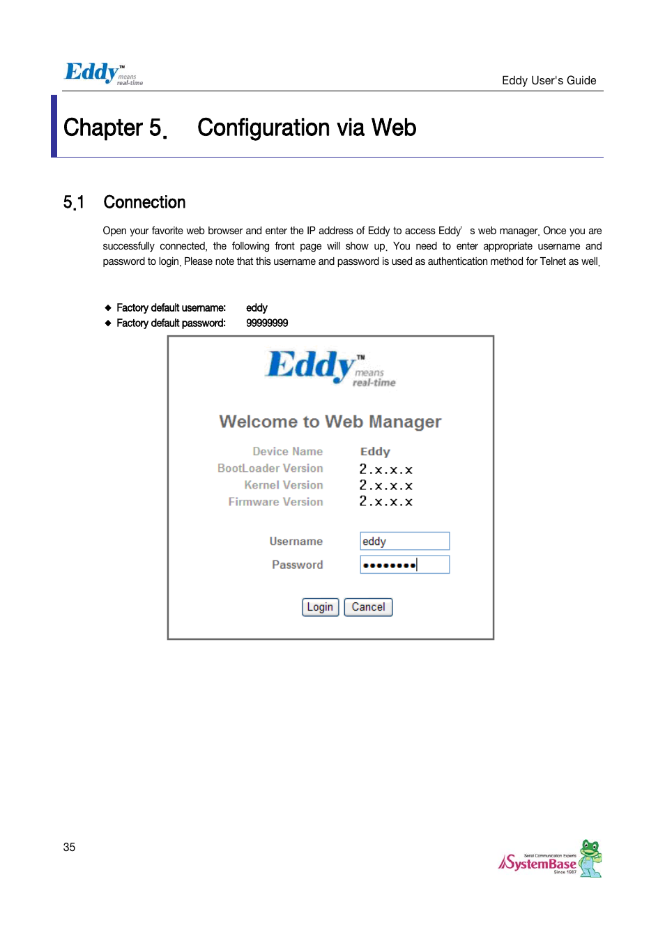 Chapter 5. configuration via web, 1 connection, Chapter 5 | Configuration via web, Connection | Solvline Eddy Serial v2.5.1.1 User Manual | Page 35 / 88