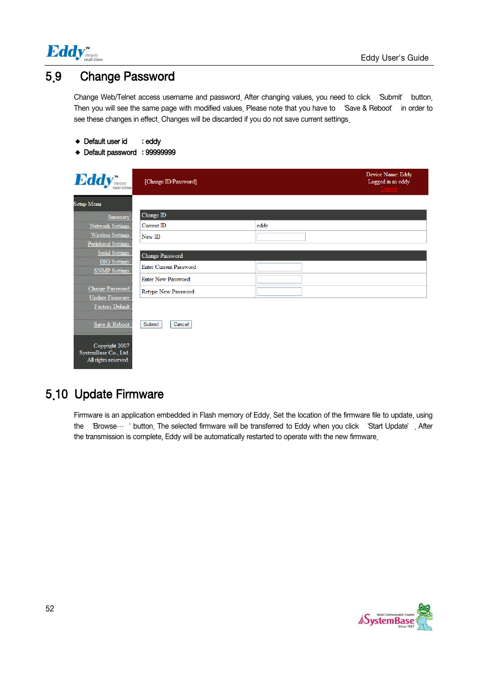 9 change password, 10 update firmware, Change password | Update firmware | Solvline Eddy Serial v2.5.1.1 User Manual | Page 52 / 88