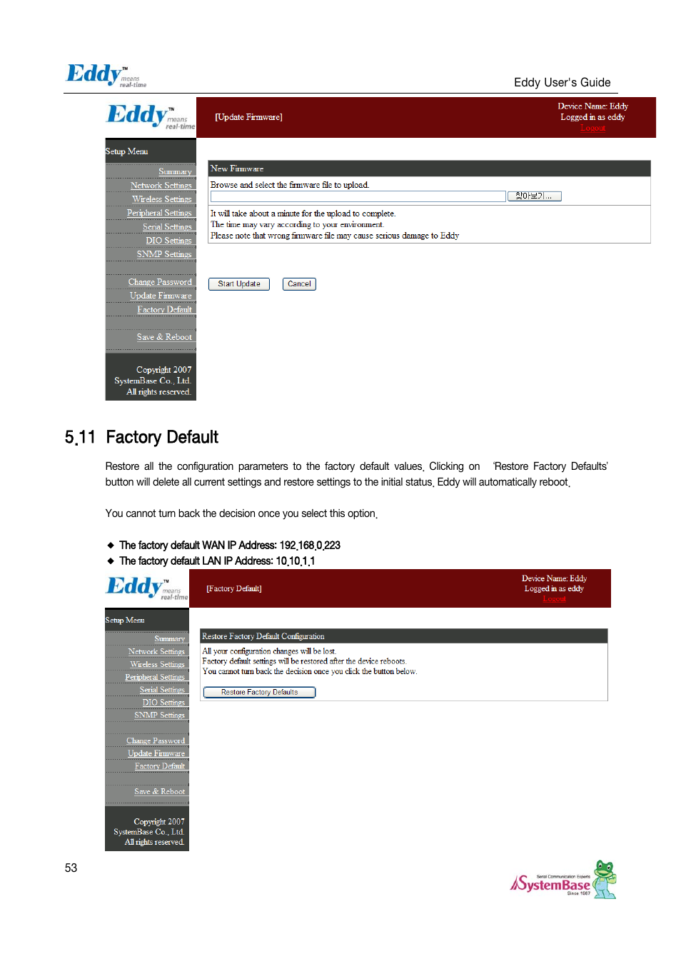 11 factory default, Factory default | Solvline Eddy Serial v2.5.1.1 User Manual | Page 53 / 88