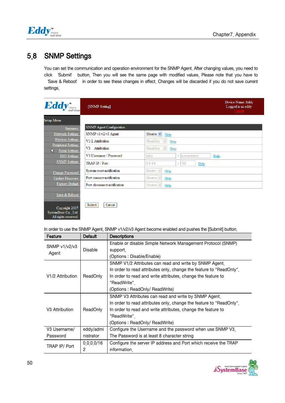 Snmp settings, 8 snmp settings | Solvline Eddy Serial Ver 2.1.0.3 User Manual | Page 50 / 63