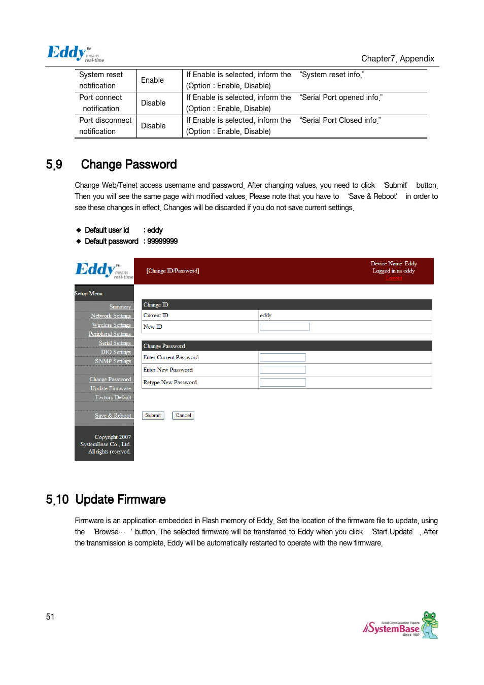 Change password, Update firmware, 9 change password | 10 update firmware | Solvline Eddy Serial Ver 2.1.0.3 User Manual | Page 51 / 63