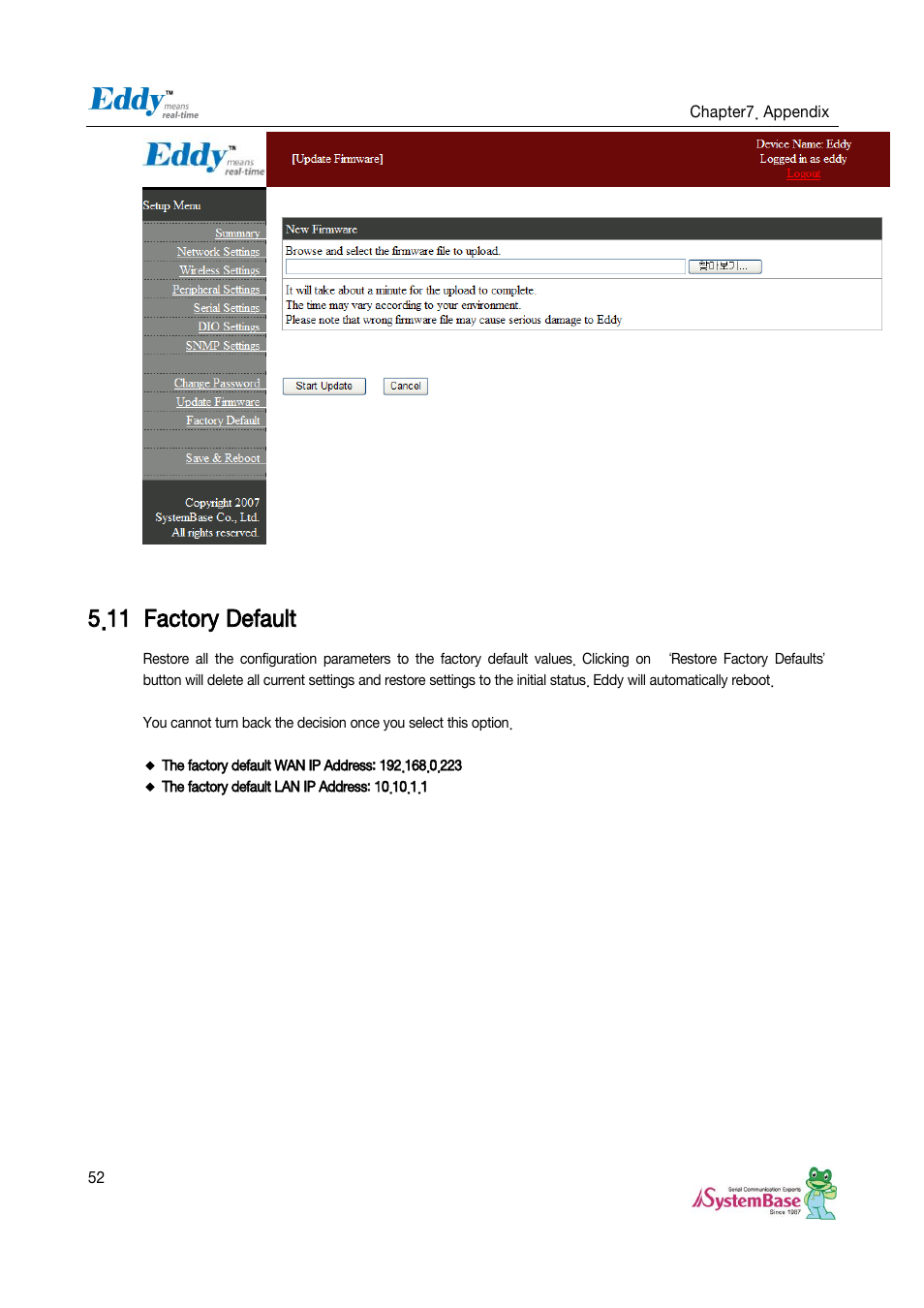Factory default, 11 factory default | Solvline Eddy Serial Ver 2.1.0.3 User Manual | Page 52 / 63
