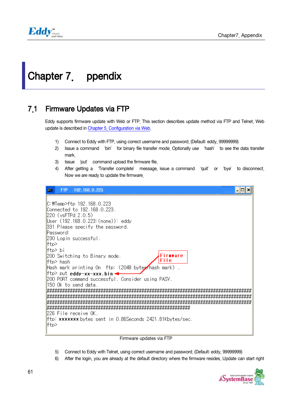Ppendix, Firmware updates via ftp, Chapter 7 | Chapter 7. appendix, Chapter 7. ppendix, 1 firmware updates via ftp | Solvline Eddy Serial Ver 2.1.0.3 User Manual | Page 61 / 63