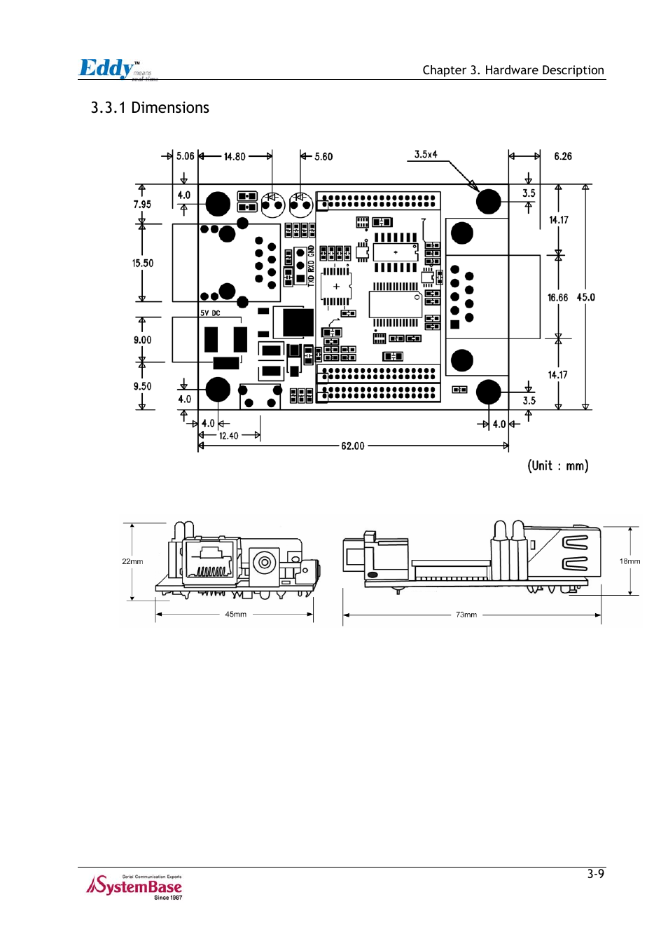 1 dimensions, 1 dimensions -9, Figure 3-8 | Eddy-s1/db9 front view -9, Figure 3-9, Eddy-s1/db9 side view -9 | Solvline Eddy Series Ver 2.1a User Manual | Page 34 / 89