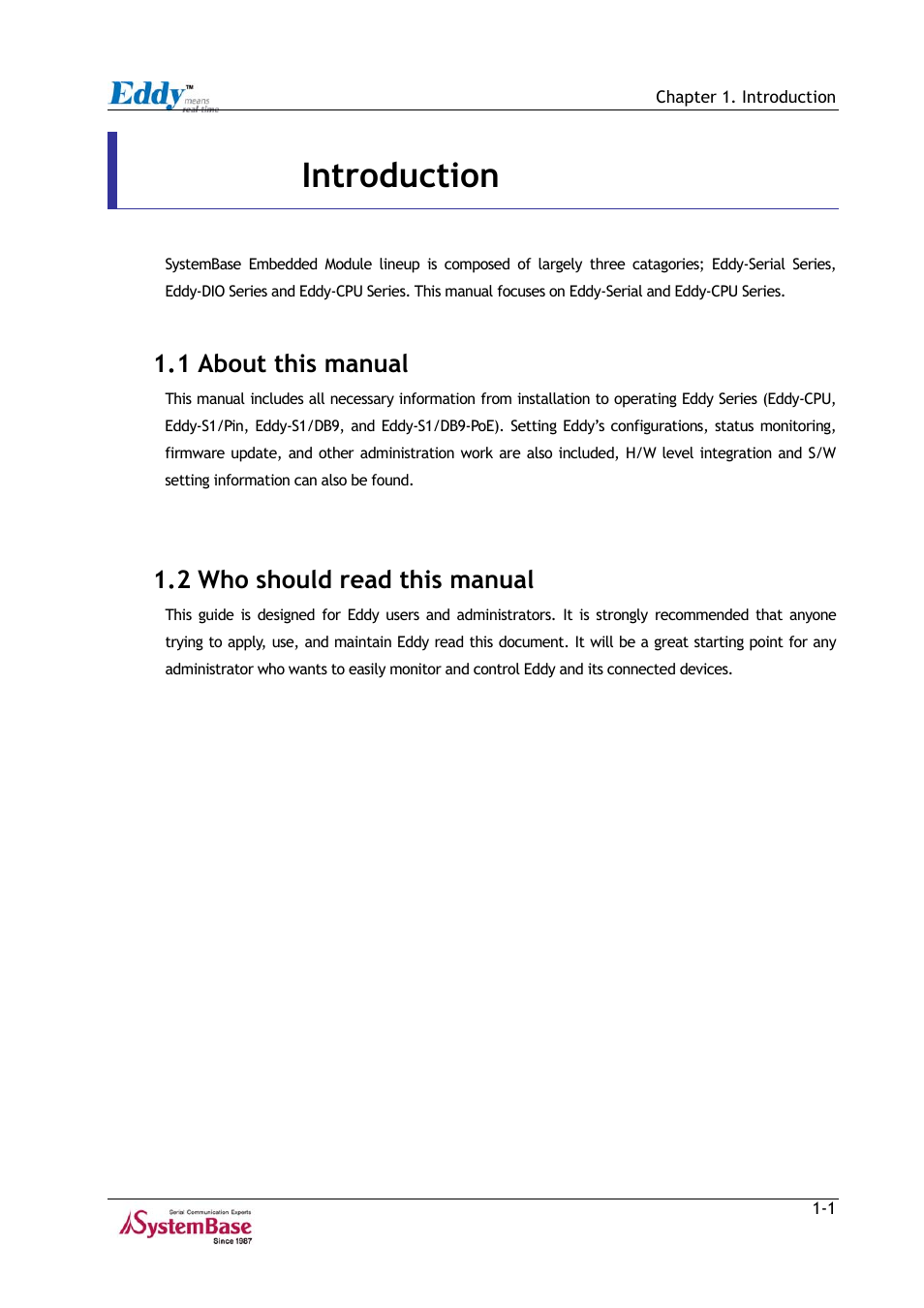 Chapter 1. introduction, 1 about this manual, 2 who should read this manual | Chapter 1, Introduction -1, 1 about this manual -1, 2 who should read this manual -1 | Solvline Eddy Series Ver 2.1a User Manual | Page 6 / 89
