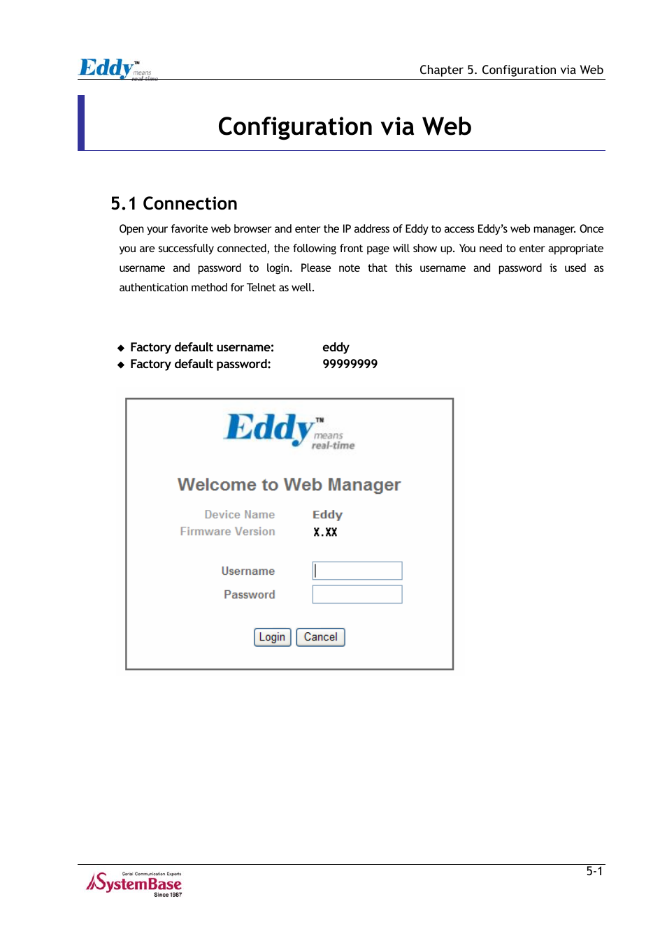 Chapter 5. configuration via web, 1 connection, Chapter 5 | Configuration via web -1, 1 connection -1, Figure 5-1, Chapter 5 . configuration via web, Provides ways t, Fer to | Solvline Eddy Series Ver 2.1a User Manual | Page 61 / 89