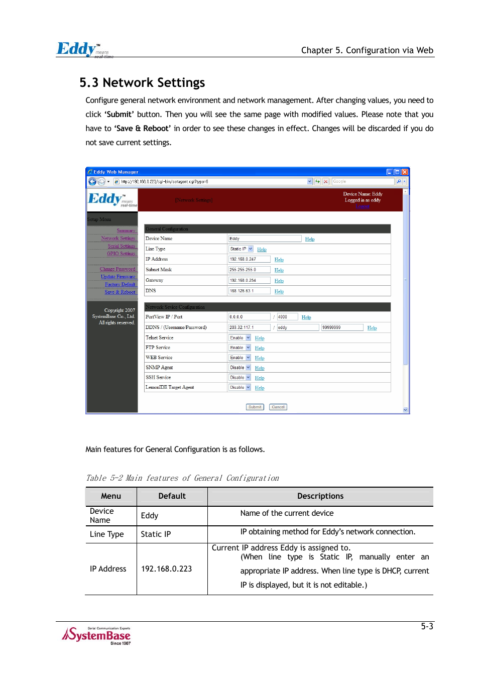3 network settings, 3 network settings -3, Table 5-2 | Main features of general configuration -3 | Solvline Eddy Series Ver 2.1a User Manual | Page 63 / 89
